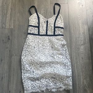 Express Cream Lace Midi Dress with Black Trim